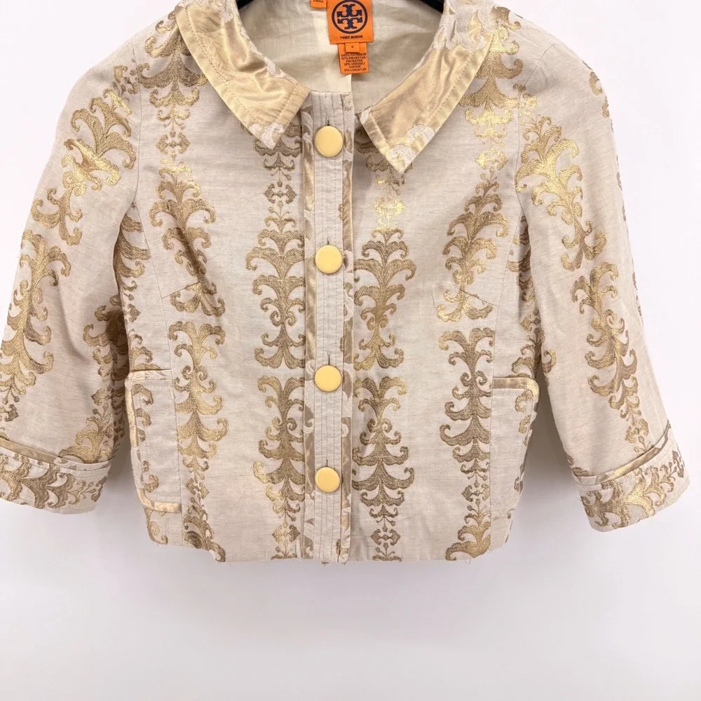 Tory Burch Crop Jacket Women 4 Pre-Owned Gold Damask Metallic Linen Blend Blazer